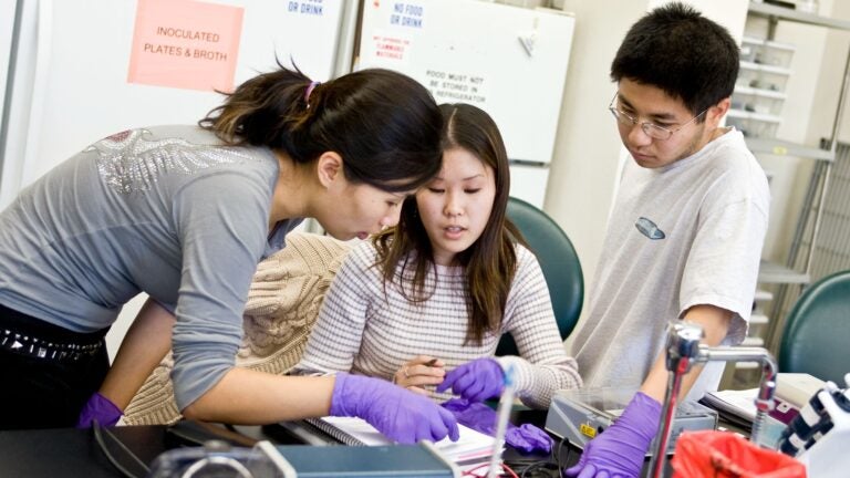 A group of students huddled around a syllabus in a lab.