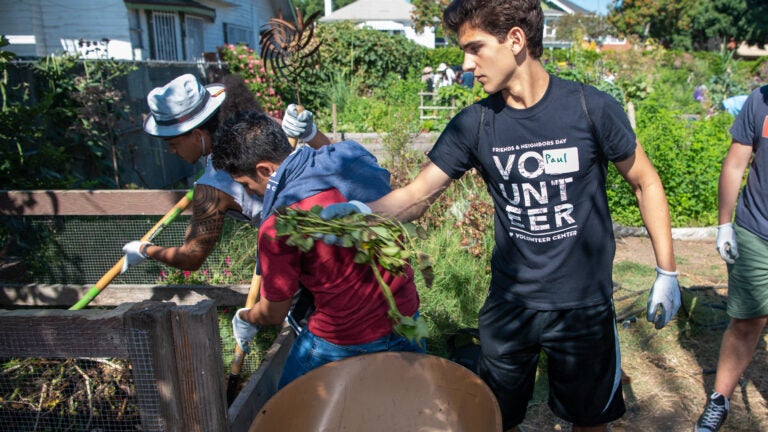 Students working in a garden.