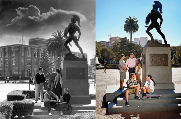 Then and Now side by side pictures of students resting at the base of Tommy Trojan