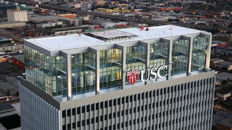 Aerial view of the USC City Center building, home to the USC Stevens Center and other USC offices.