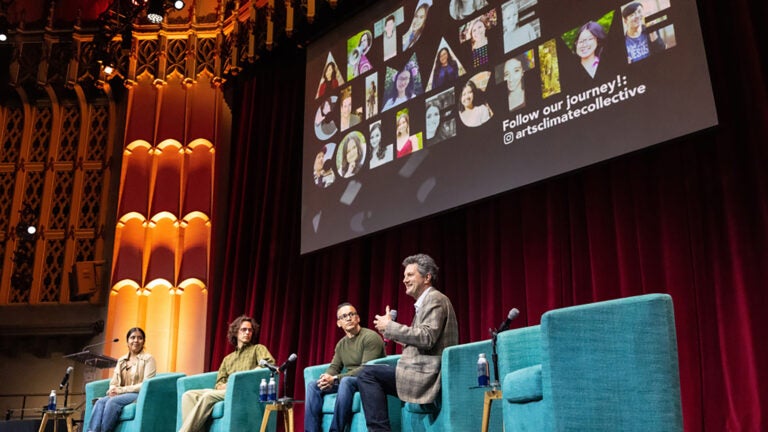 Panel for arts & climate Collective on stage speaking
