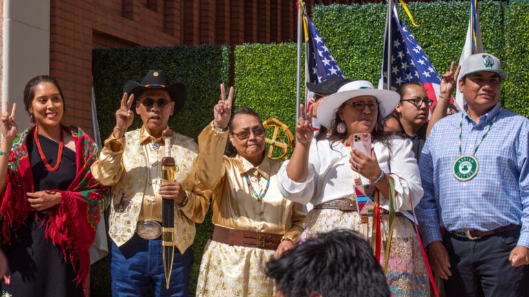 Maracea “Mesa” Chase and the Medicine Crow family celebrate the dedication of the Dr. Joseph Medicine Crow Center for International and Public Affairs.