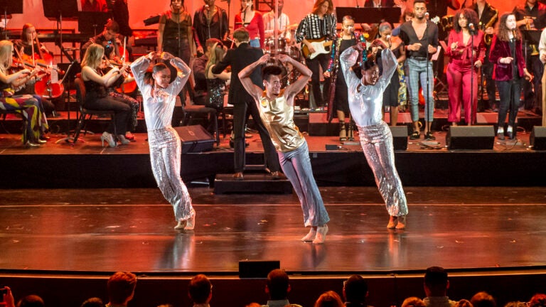 Dancers performing onstage during President Carol L. Folt's inauguration week arts showcase.