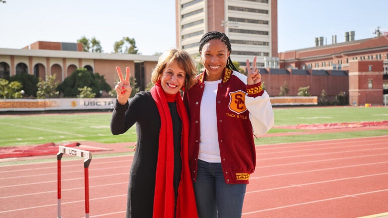Allyson Felix and USC President Carol Folt.