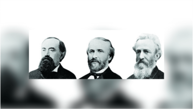 Portraits of Isaias W. Hellman, a German-Jewish banker and philanthropist; former California governor John G. Downey, an Irish-Catholic pharmacist and businessman; and Ozro W. Childs, a Protestant horticulturist.