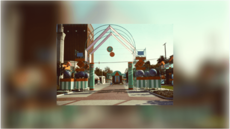 USC's Olympic Village with colorful poles and structures decorating the campus