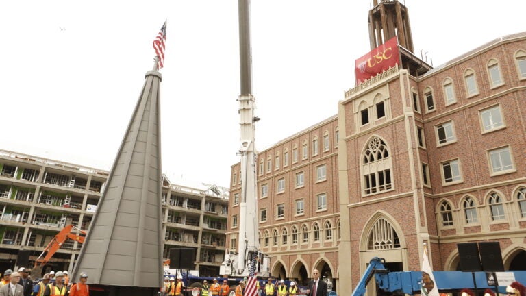 USC Village spire is installed during construction.