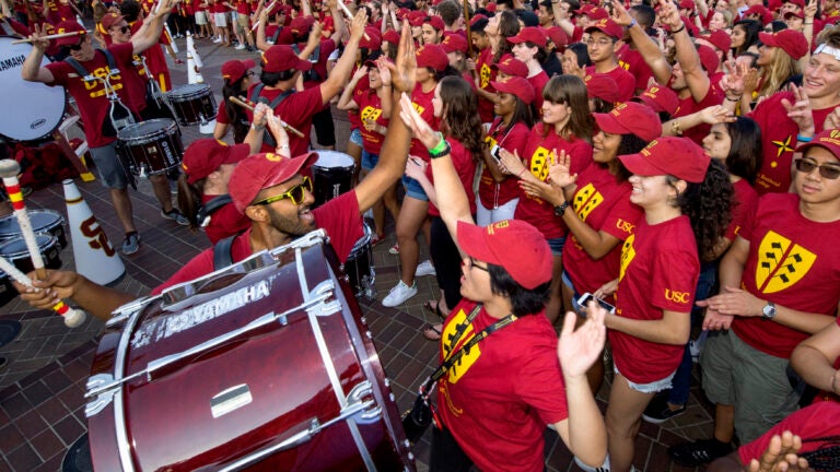 New USC students take part in a Spirt Rally featuring the Trojan Marching band, Friday, August 19, 2016. (USC Photo/Gus Ruelas)