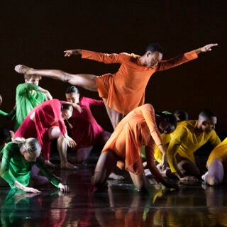Xavier Williams (BFA '25) and BFA students dancing in Leaving by Dani Rowe.