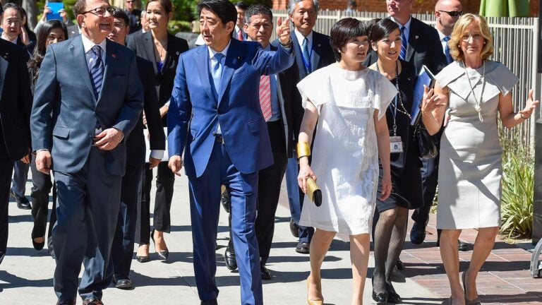 USC President C. L. Max Nikias; Japanese Prime Minister Shinzo Abe and his wife, Akie Abe; and Niki C. Nikias