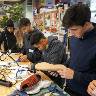 Students making shoes in a workroom.
