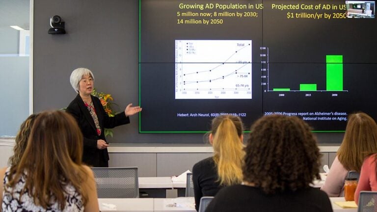 A woman giving a presentation as a group looks on.