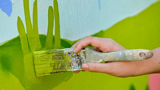 Person painting a wall mural