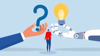 Illustration: Person with a human and machine hand and a question mark