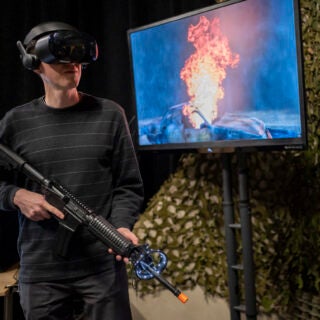 Psychologist Skip Rizzo created Bravemind, a virtual reality-based exposure therapy for veterans with post-traumatic stress disorder. He demonstrates the program at the USC Institute for Creative Technologies in Playa Vista.