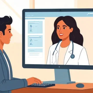 Illustration of a male patient talking to female health practitioner on a computer screen