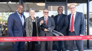 USC Pharmacy ribbon-cutting: Derrick Butler, Amy Ross, Vassilios Papadopoulos, Marqueece Harris-Dawson and Andrew T. Guzman