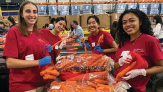 USC students wearing gloves and red shirts pack carrots at a food bank or distribution center.